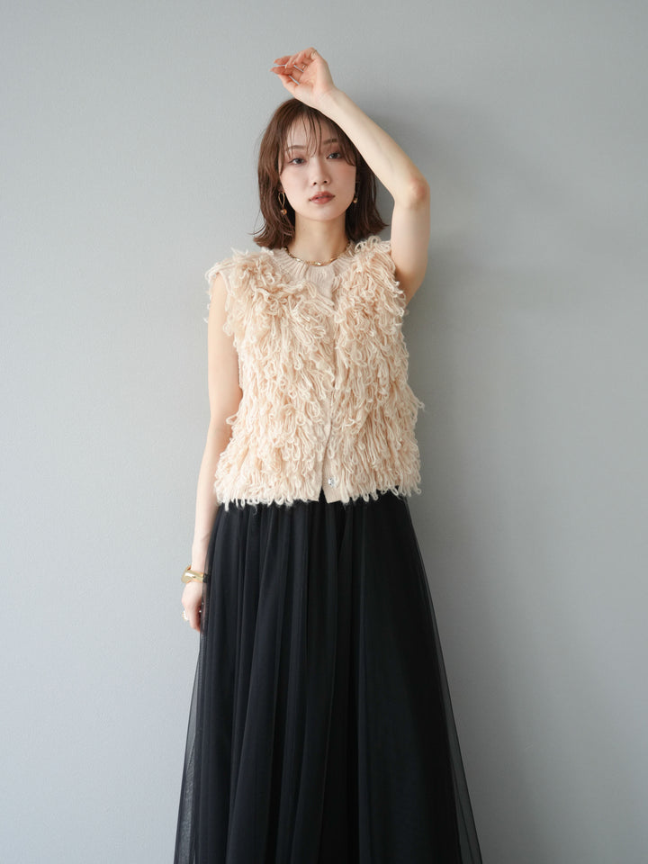 [SET] 前開衩針織背心 + 薄紗蓬鬆裙 (2 件套)