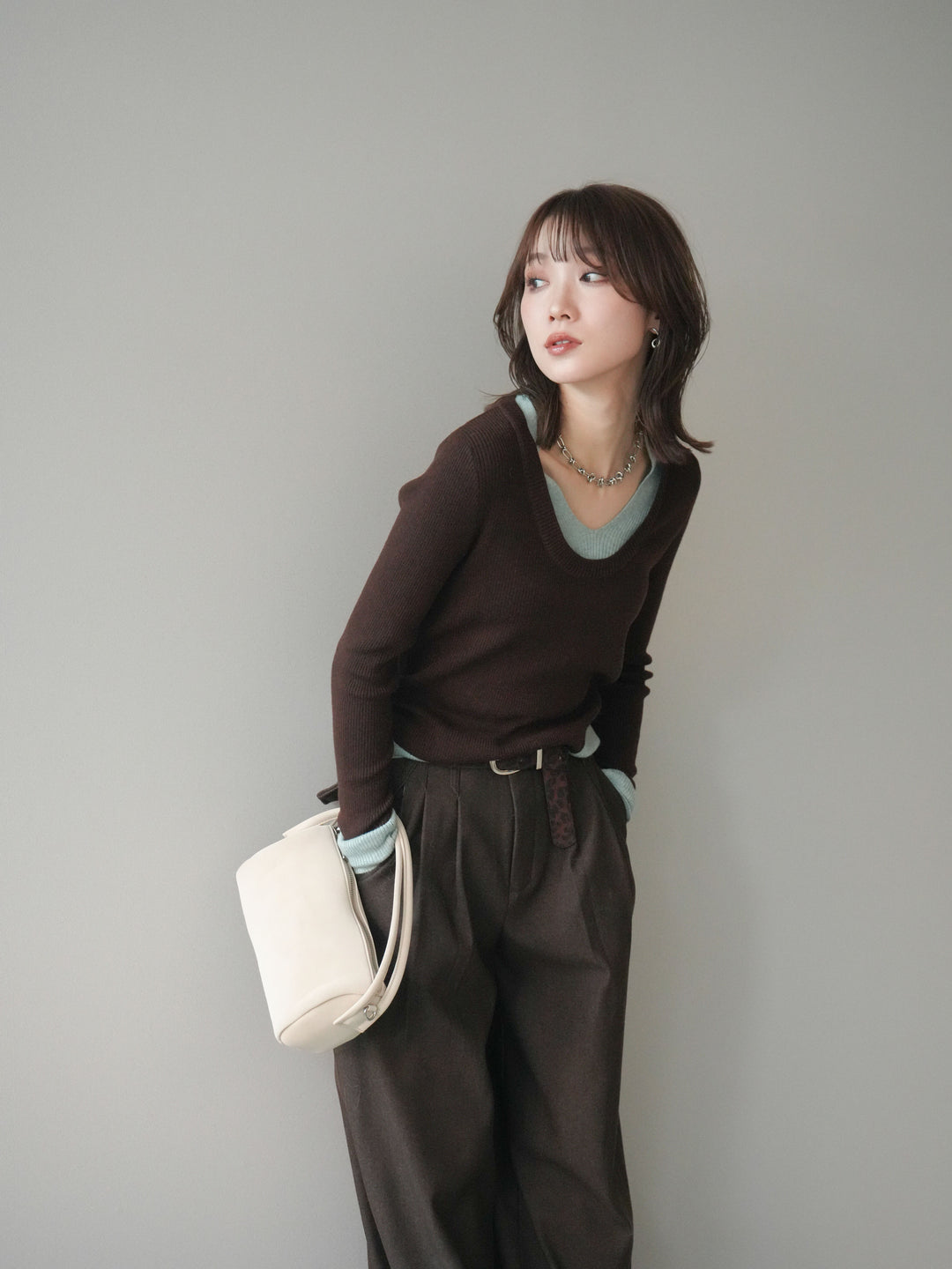 [予約]Uネック配色レイヤードリブニットトップス/brown