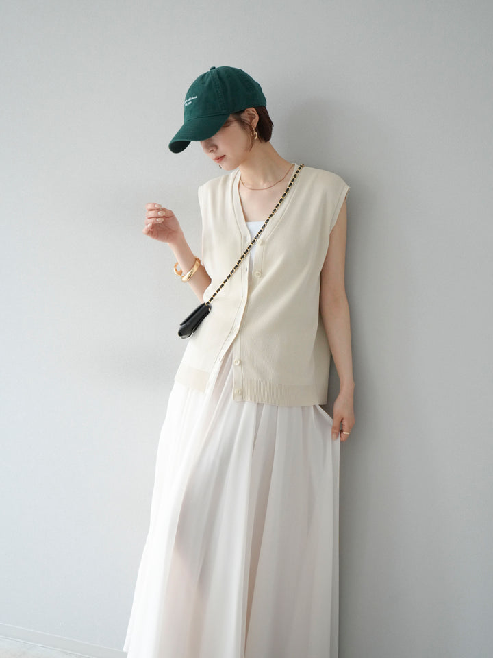 [SET] V領人造絲針織背心+雪紡喇叭裙（2件組）