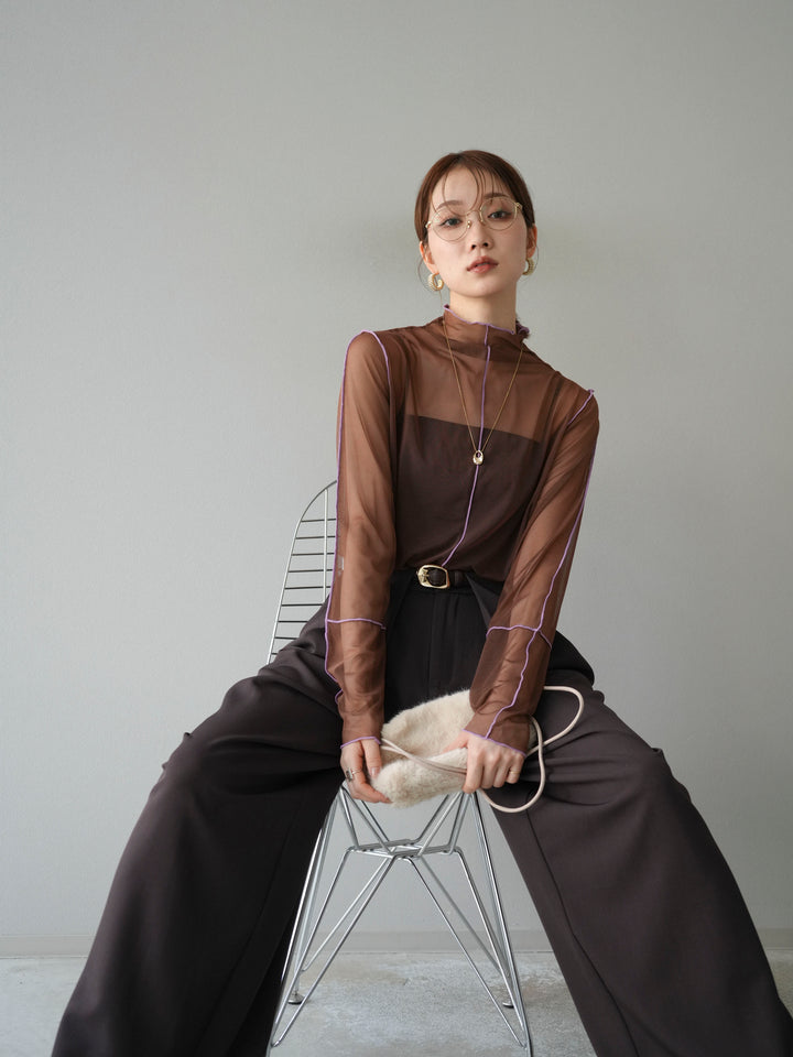 [予約]シアーパイピングカットソー/ダークブラウン×ラベンダー