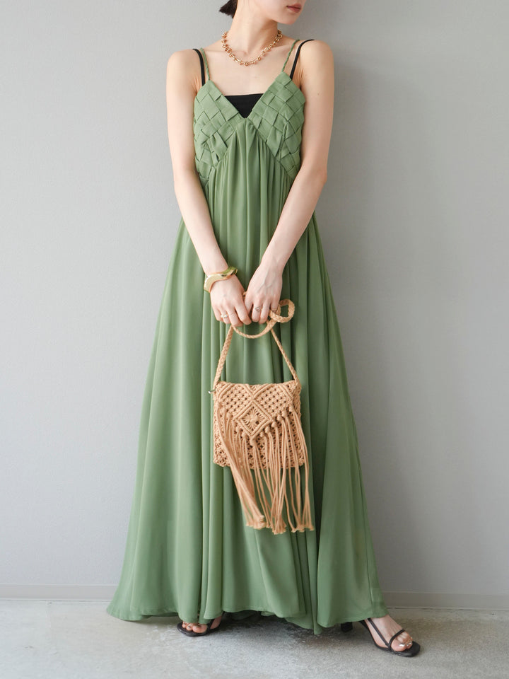 [SET]編み込みデザインシフォンワンピース+カップ付テレコリブベアキャミソール(2set)