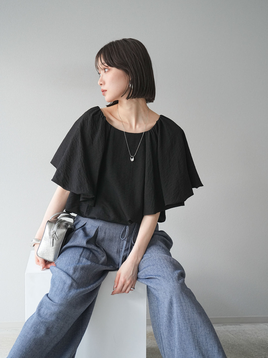 [予約]バルーンスリーブタックデザインブラウス/ブラック