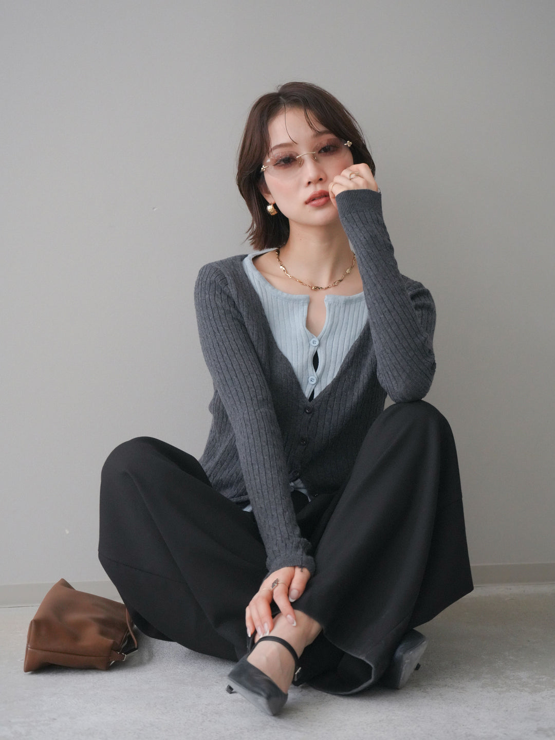 [予約]バイカラーレイヤードニットカーディガン/gray