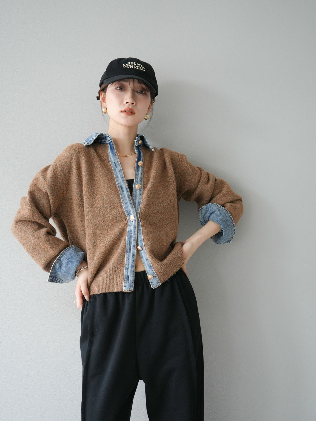 [SET]デニム襟ボタンニットカーディガン+2WAYデザインスウェットパンツ(2set)