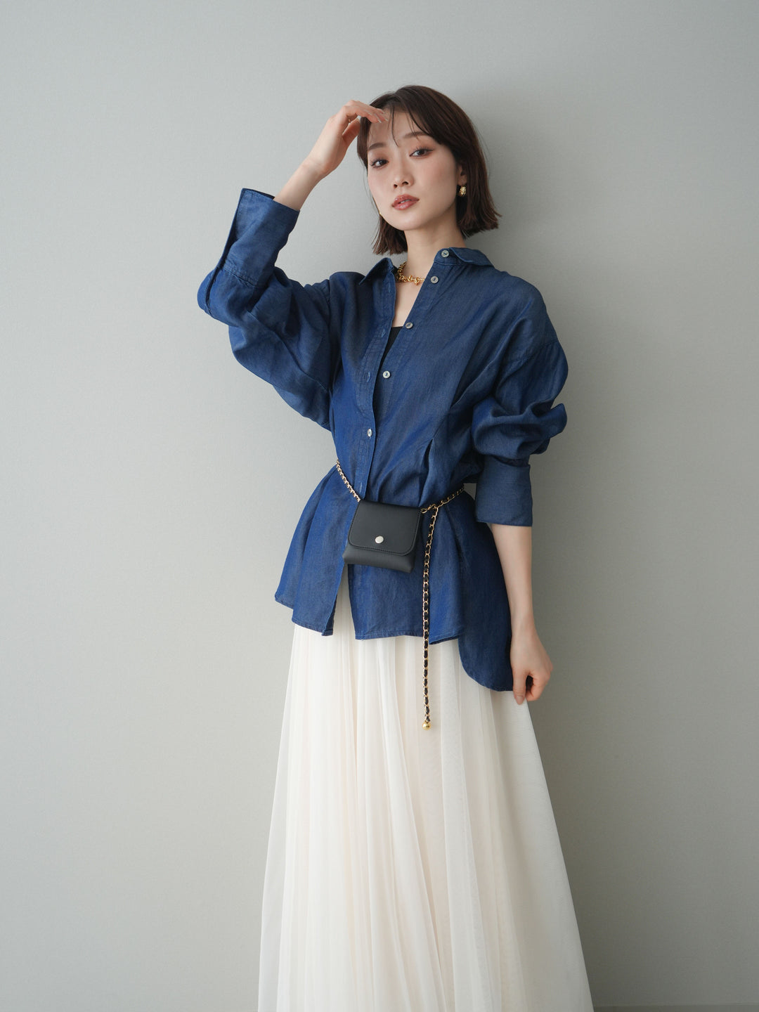 [SET]テンセルデニムタックシャツ+チュールボリュームスカート(2set)
