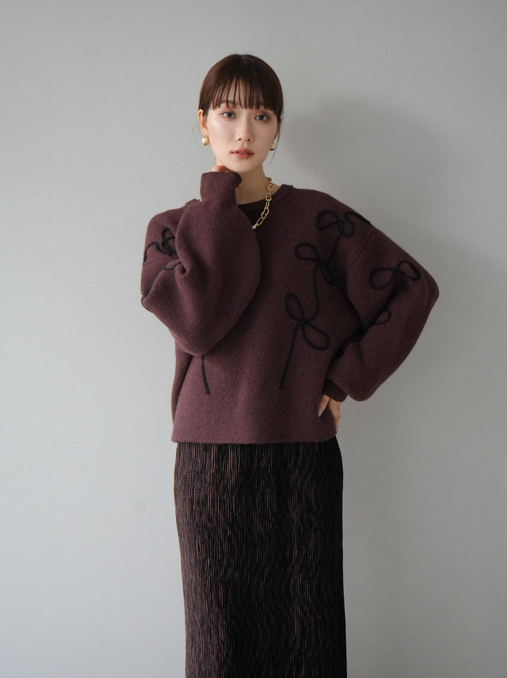 [予約]コード刺繍ルーズニットプルオーバー/ブラウン