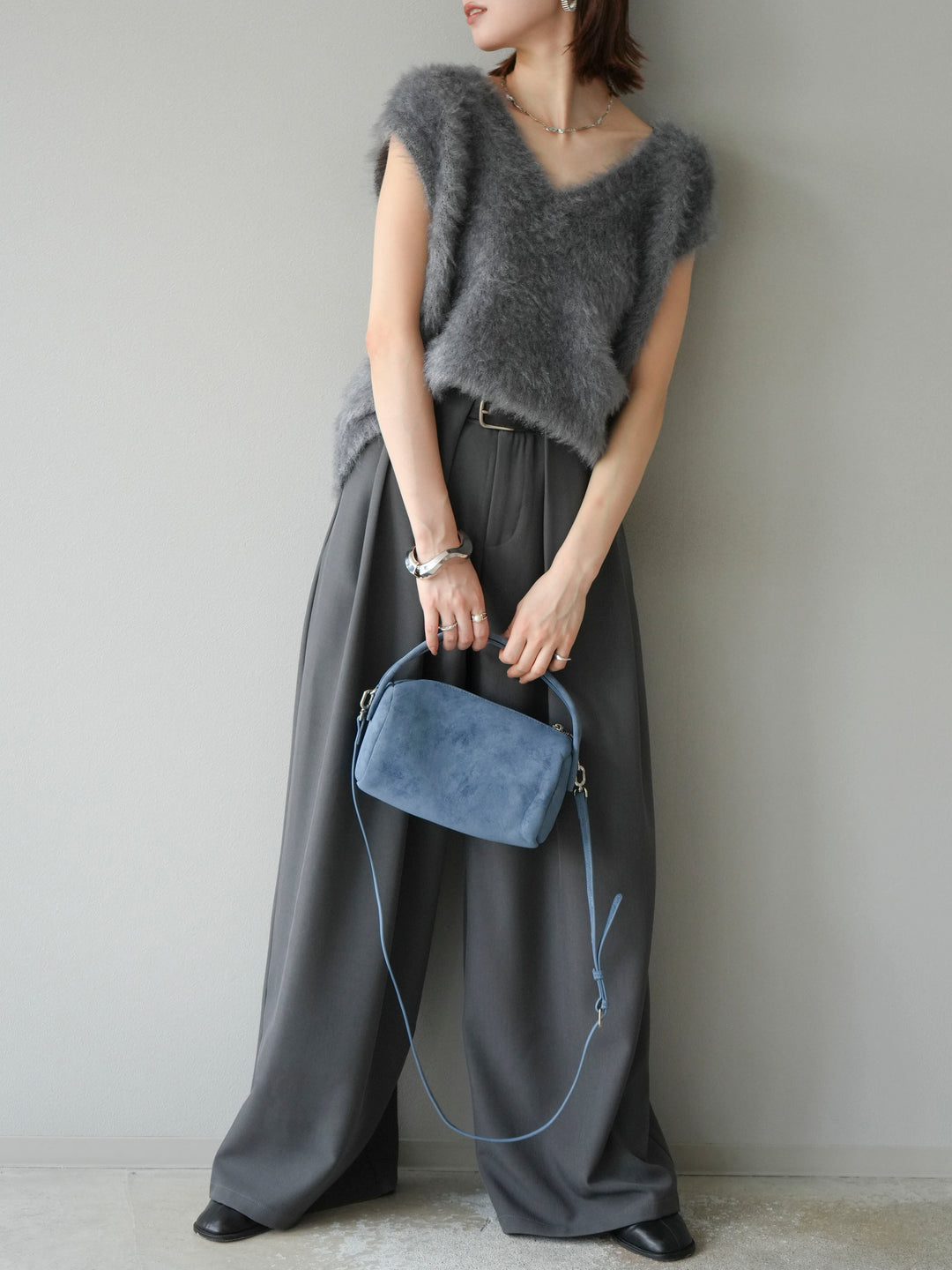 [SET]ラメシャギーVネックニットベスト+ベルトループデザインワイドパンツ(2set)