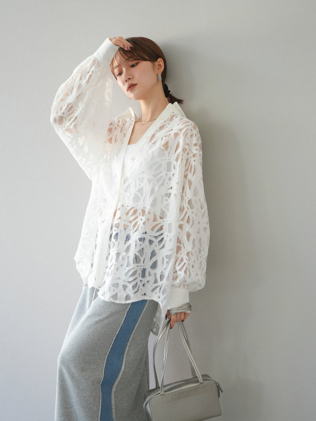 [SET]コードレースオーバーシャツ+デニムドッキングスウェットスカート(2set)