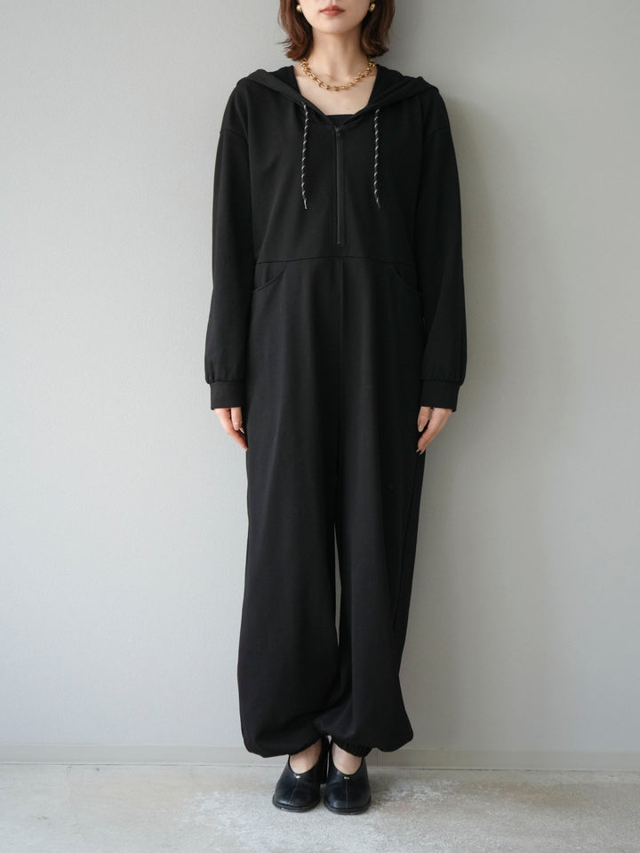 [予約]ミニ裏毛フーディージャンプスーツ/ブラック