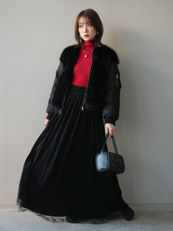 [SET]ファードッキングMA-1+袖ボタンボトルネックリブニットトップス+裾レーススウェードプリーツマキシスカート(3set)