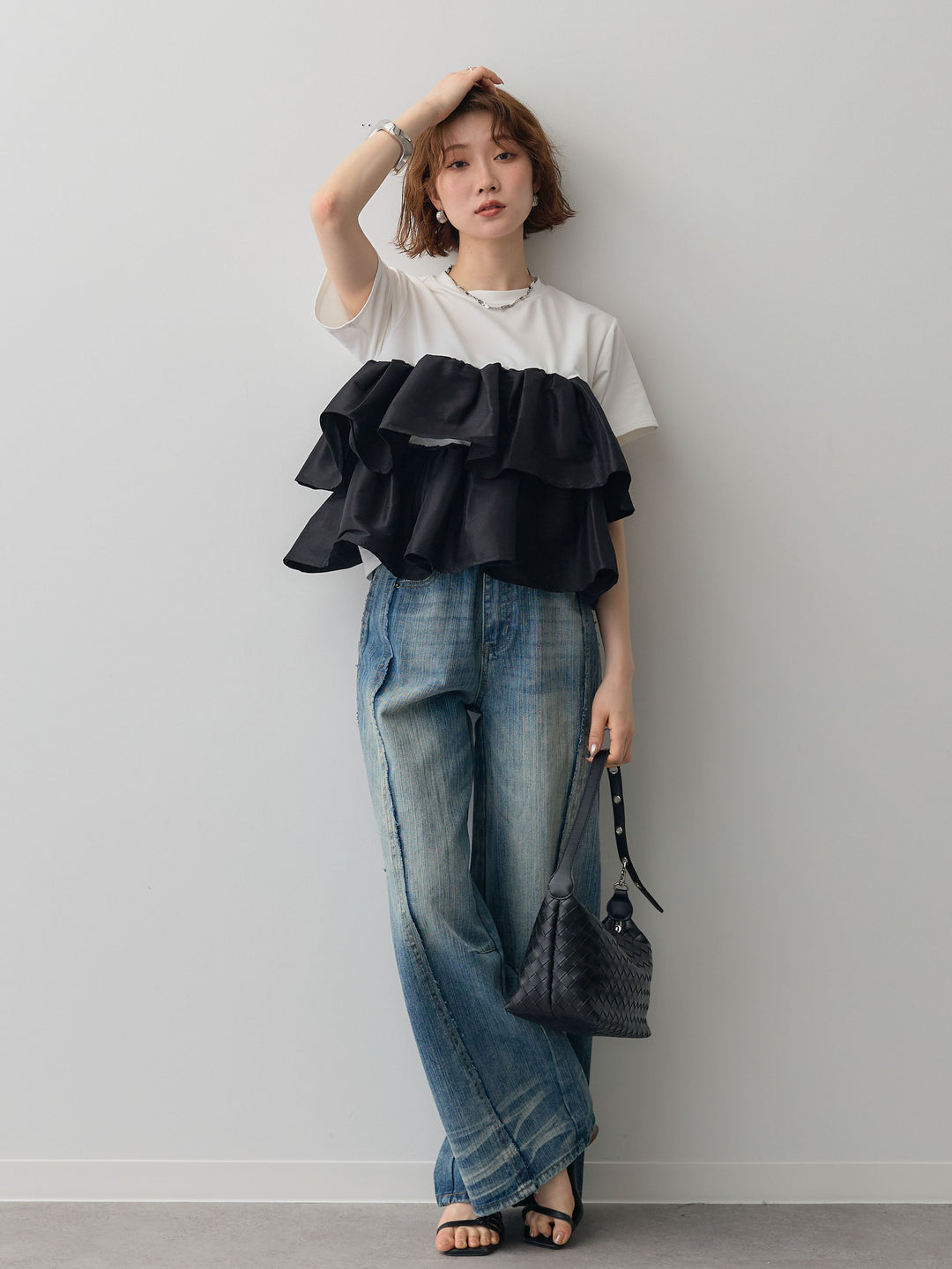 [SET]フリルティアードTEE+縦ウォッシュワイドデニムパンツ(2set)