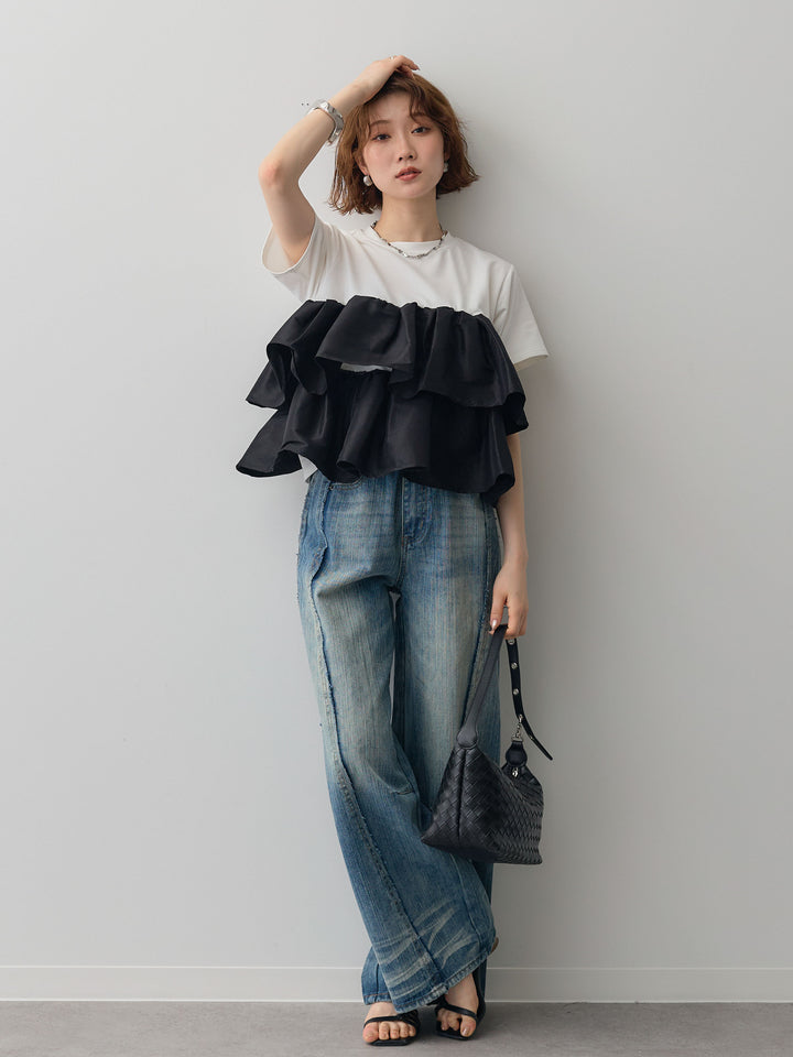 [SET]フリルティアードTEE+縦ウォッシュワイドデニムパンツ(2set)