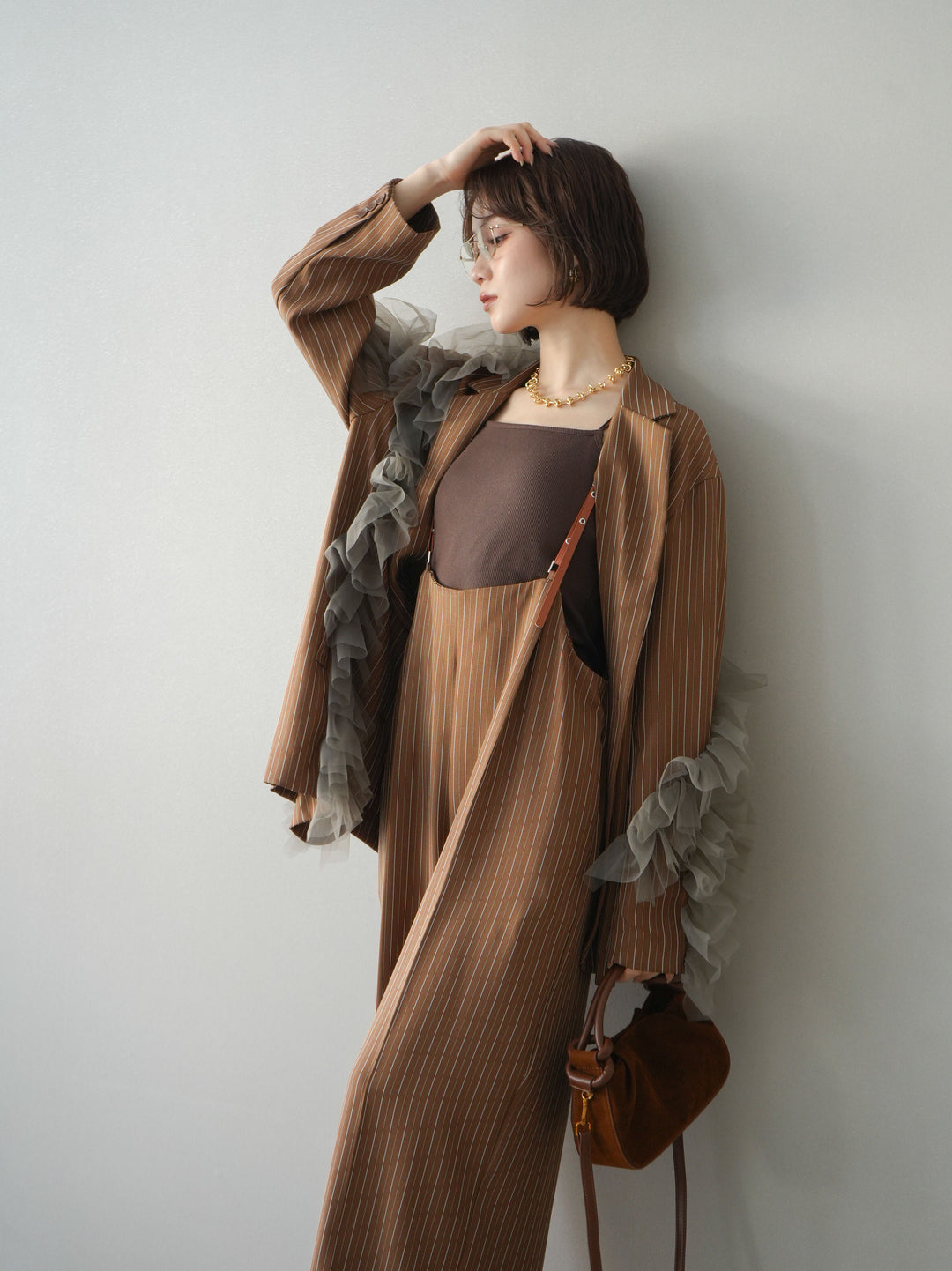 [予約]アシンメトリーチュールストライプジャケット/goldbrown