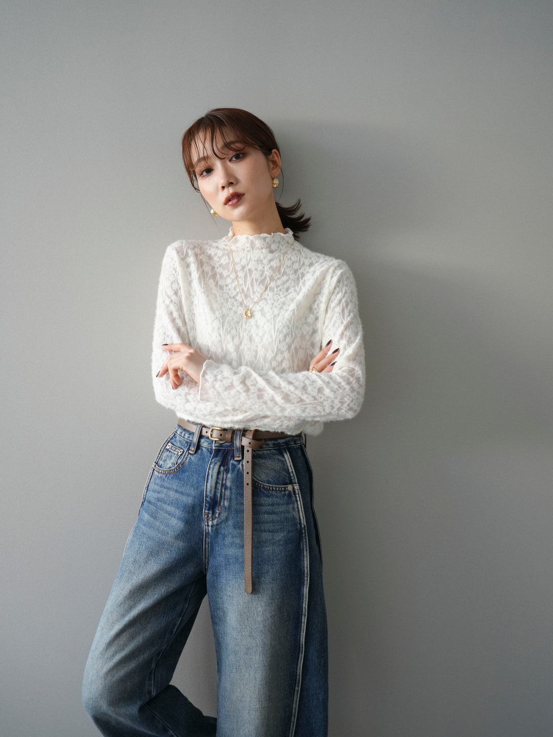 [予約]起毛レースプチネックトップス/white