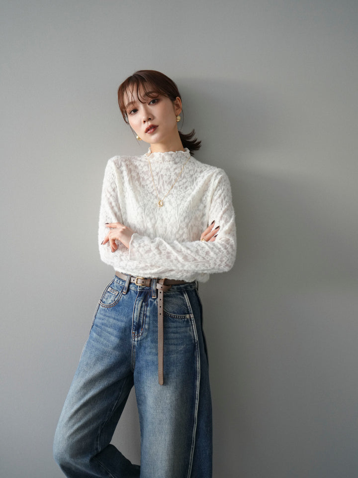 [予約]起毛レースプチネックトップス/white