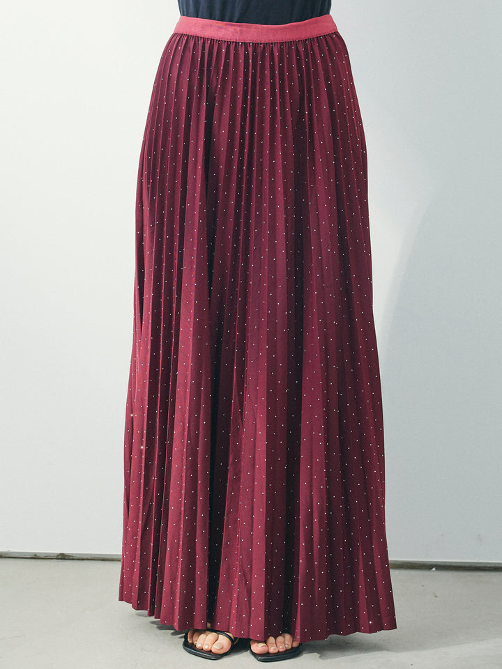 [予約]ラインストーンプリーツスカート/バーガンディー