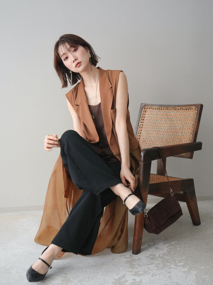 [SET]シアーレイヤードテーラードロングジレ+レーストリムキャミソール+2WAYデザインスウェットパンツ(3set)