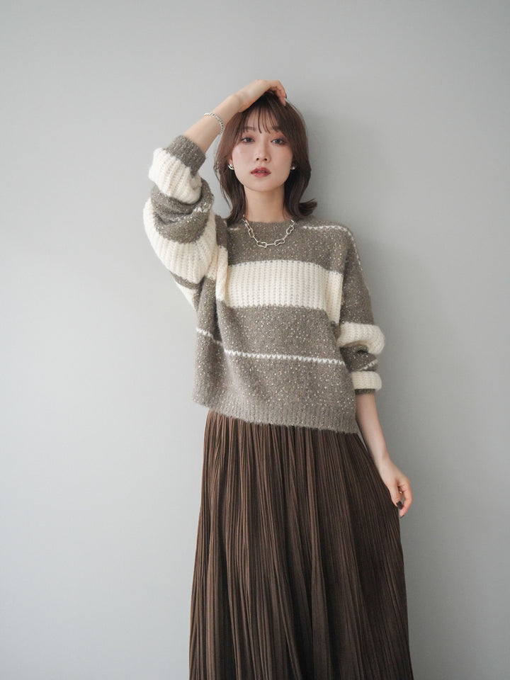 [SET]ネップヤーンボーダーニットプルオーバー+パンチングデザインスエードプリーツスカート(2set)