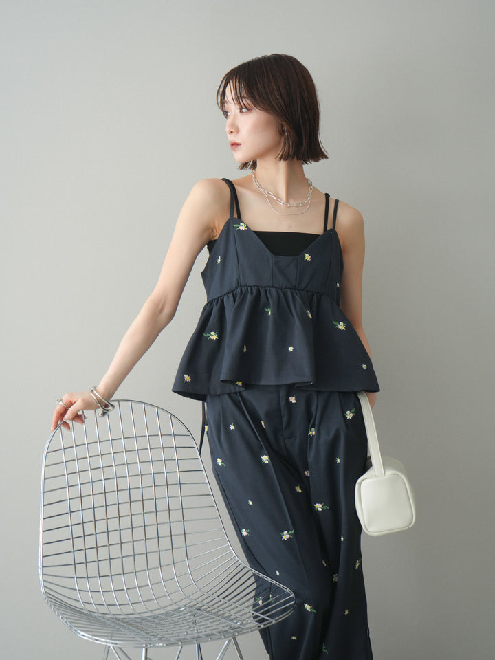 [SET]フラワー刺繍ビスチェ+フラワー刺繍タックパンツ(2set)