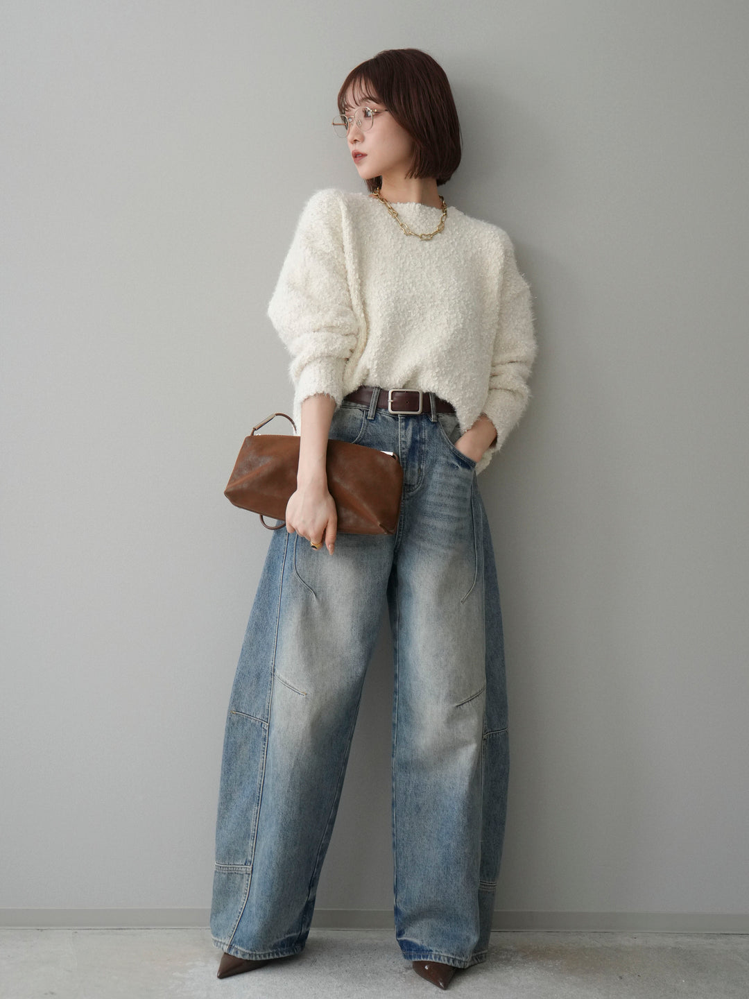 [SET]モールラメミックスヤーンニットプルオーバー+ベルト付カーブデニムパンツ(2set)