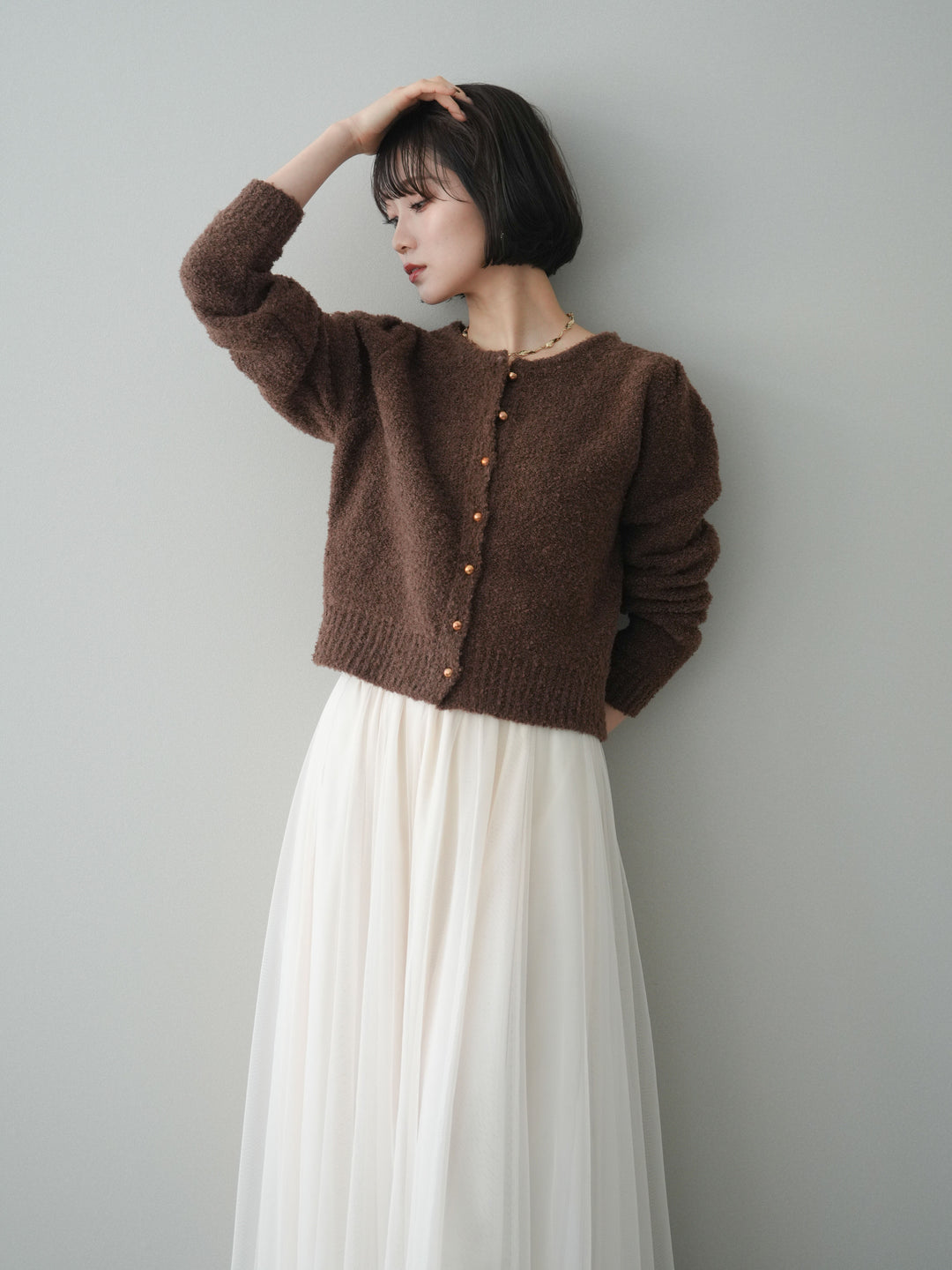 [SET]ゴールドボタンブークレニットカーディガン+チュールボリュームスカート(2set)