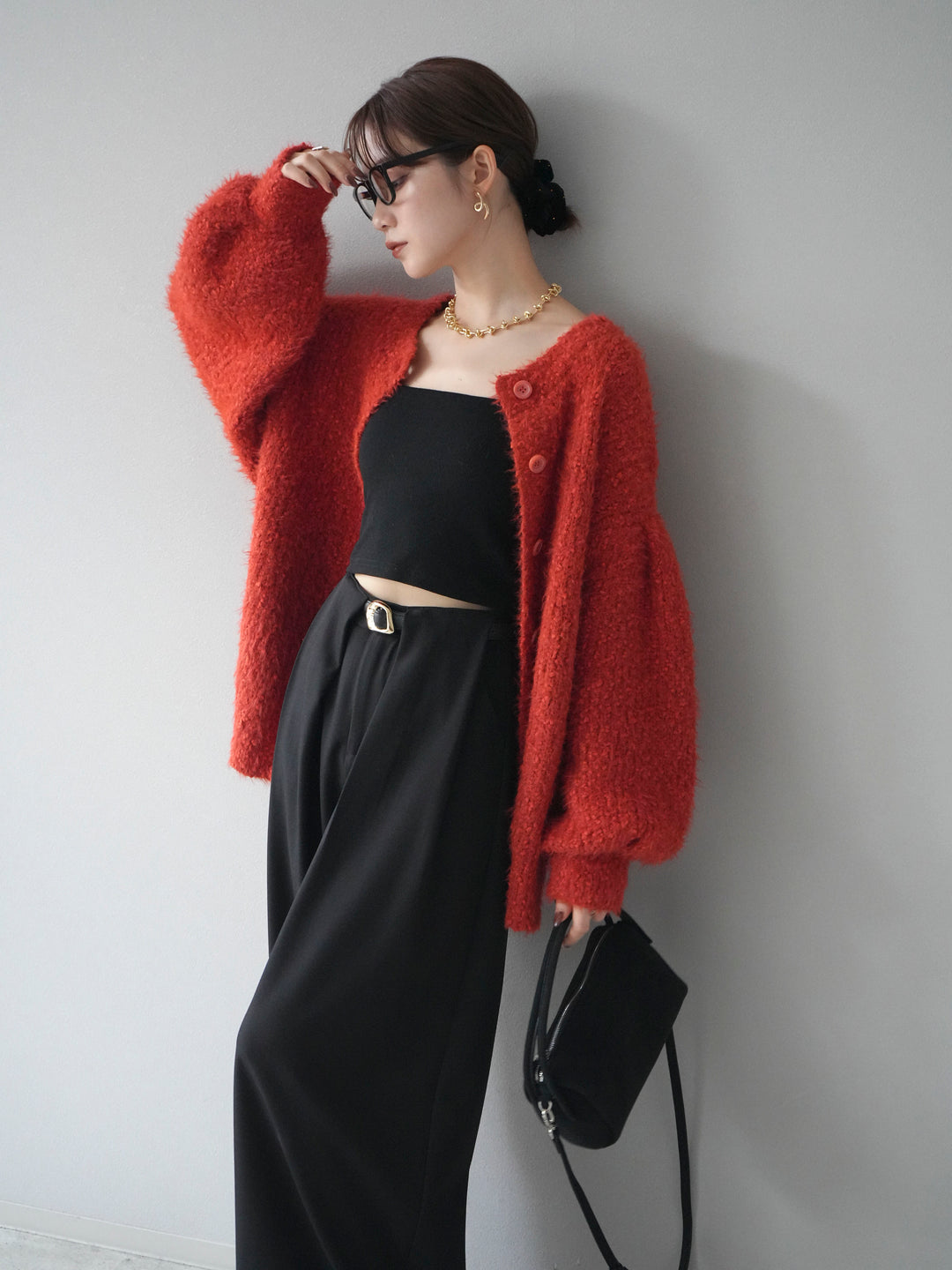 [SET]クルーネックランダムシャギーカーディガン+ベルトループデザインワイドパンツ(2set)