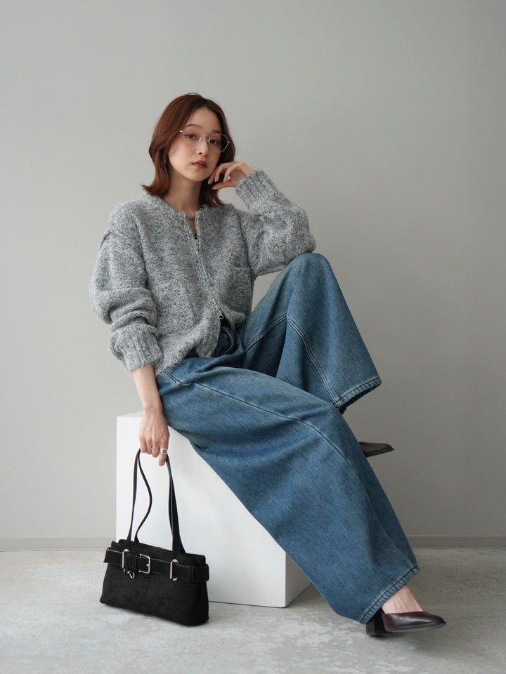 [SET]ミックスヤーンダブルZIPニットカーディガン+ベルト付裏起毛カーブデニムパンツ(2set)