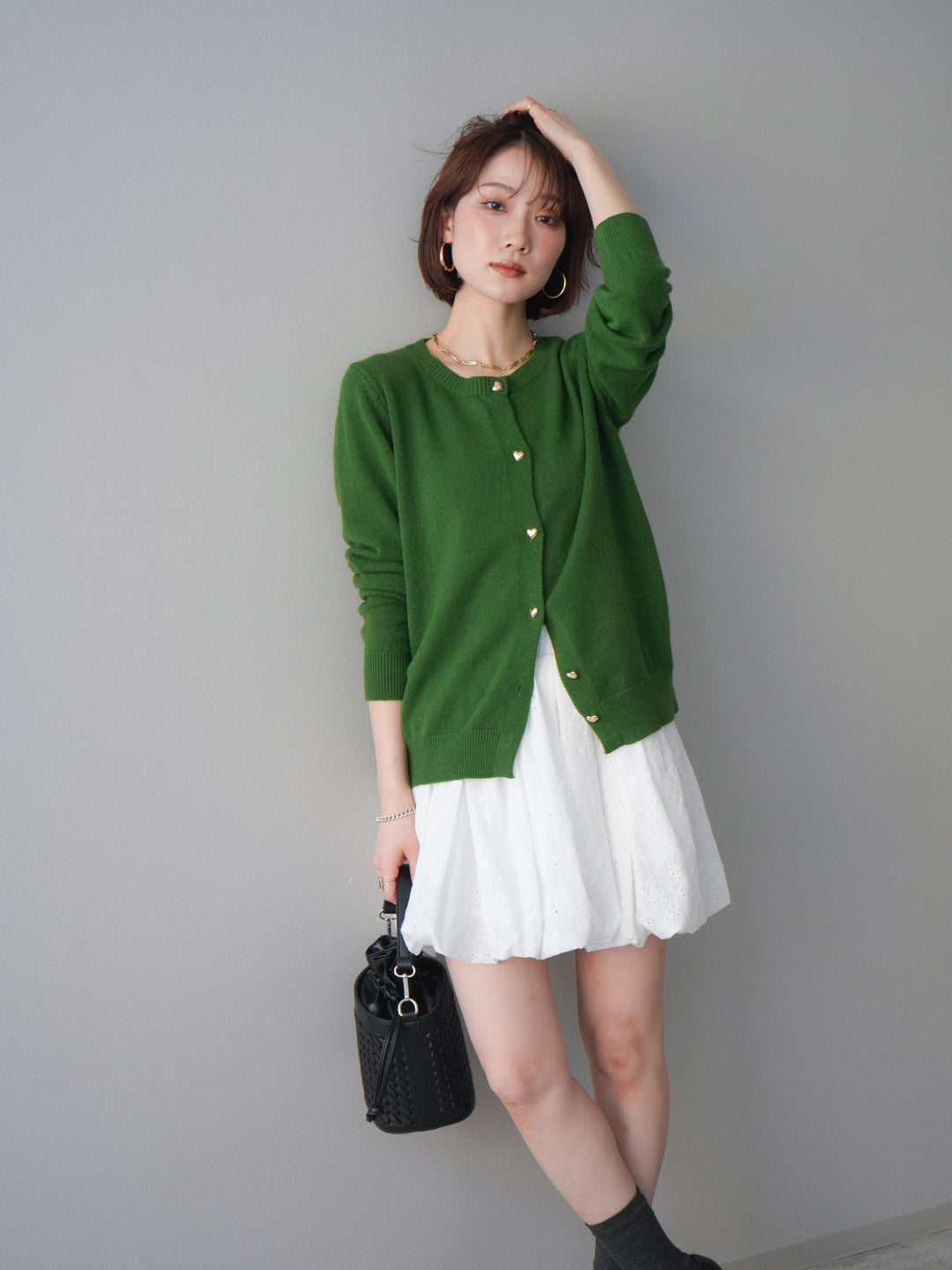 [SET]ハートボタンニットカーディガン+コットンライクレースバルーンミニスカート(2set)