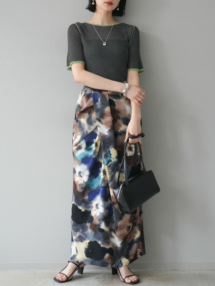 [予約]麻タッチ配色ニットハーフスリーブトップス/チャコール