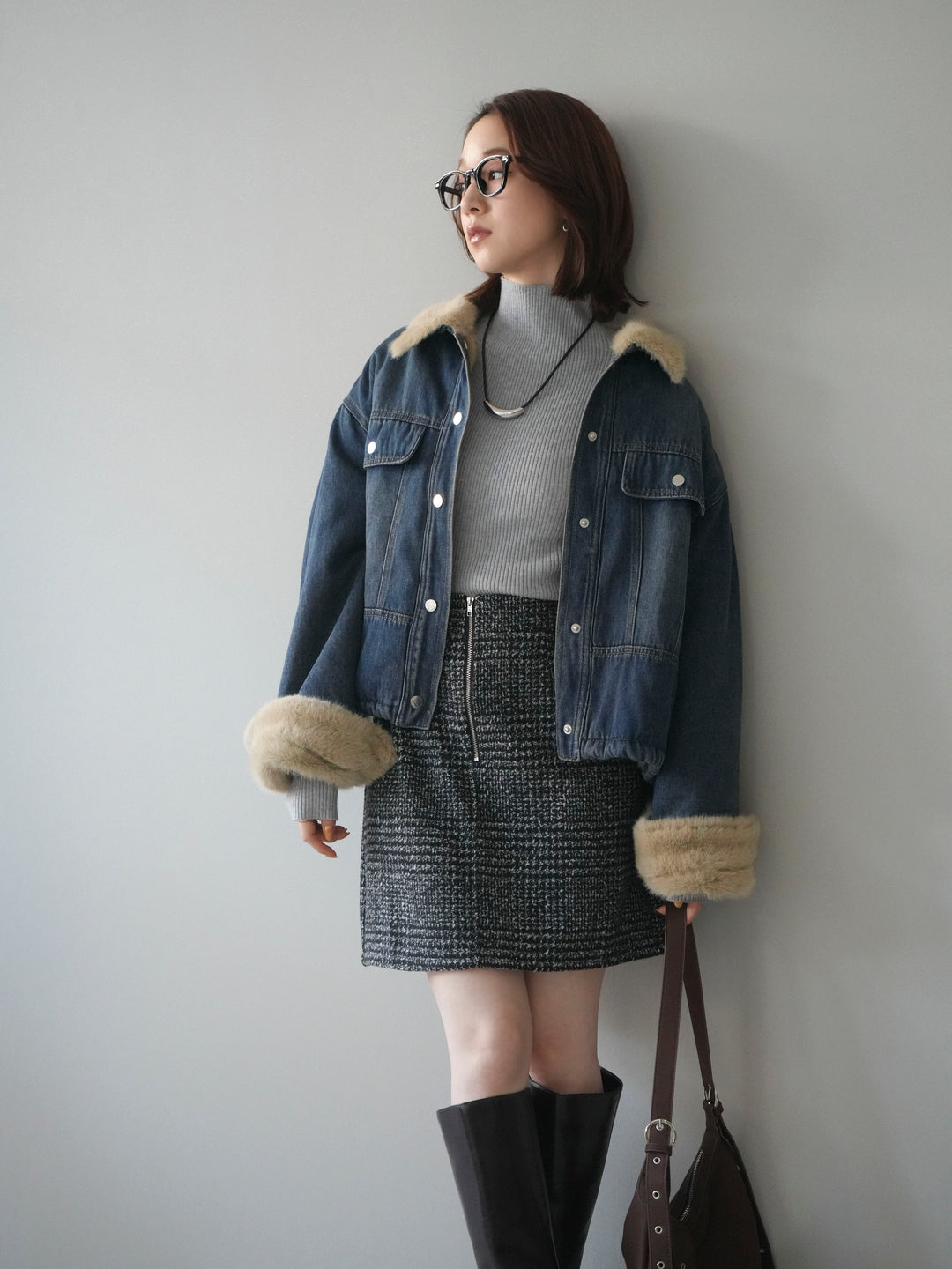 [予約]デニム×ファーステンカラーショートジャケット/blue