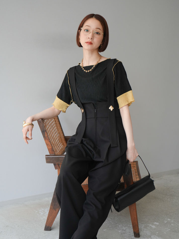 [SET]プリーツ配色ボートネックプルオーバー+ゴールドボタンサスペンダーワイドパンツ(2set)