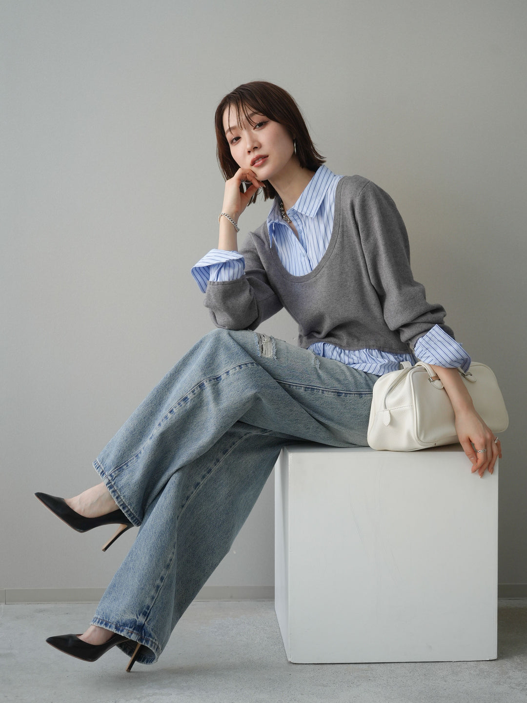 [予約]ストライプシャツUネックドッキングニットプルオーバー/graybluestripeA