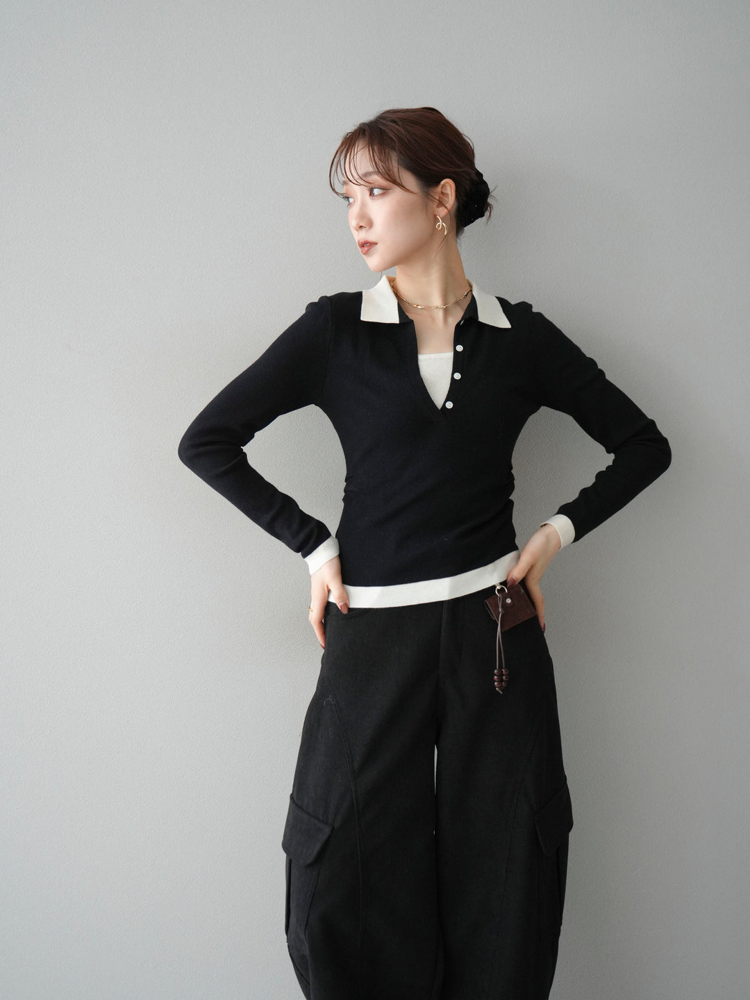 [予約]レイヤード配色ポロニットトップス/black