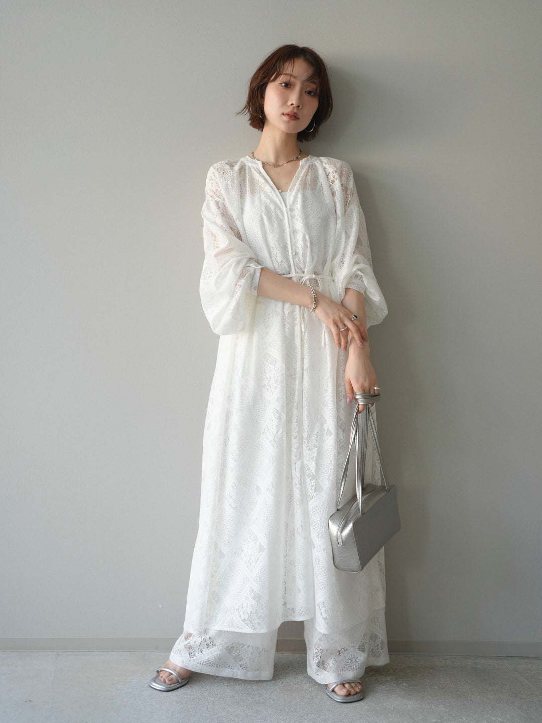 [SET]シアーレースロングガウン+シアーレースイージーパンツ(2set)