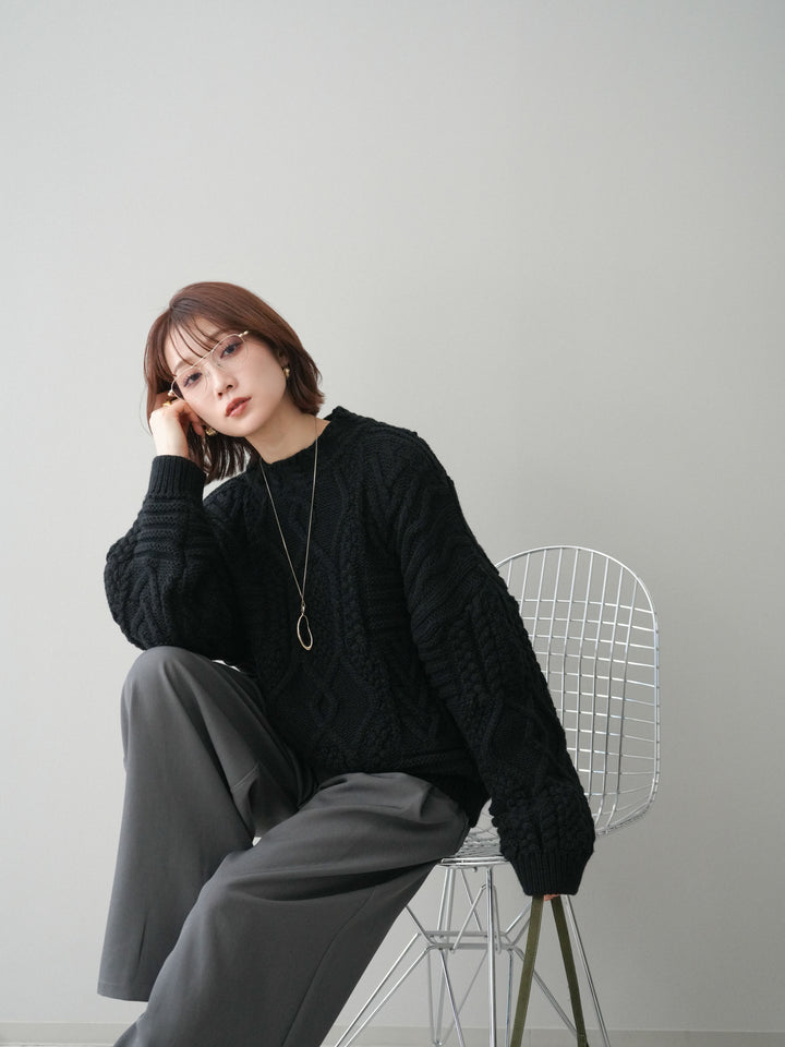 [SET]ケーブル編みモックネックニットプルオーバー+ベルトループデザインワイドパンツ(2set)