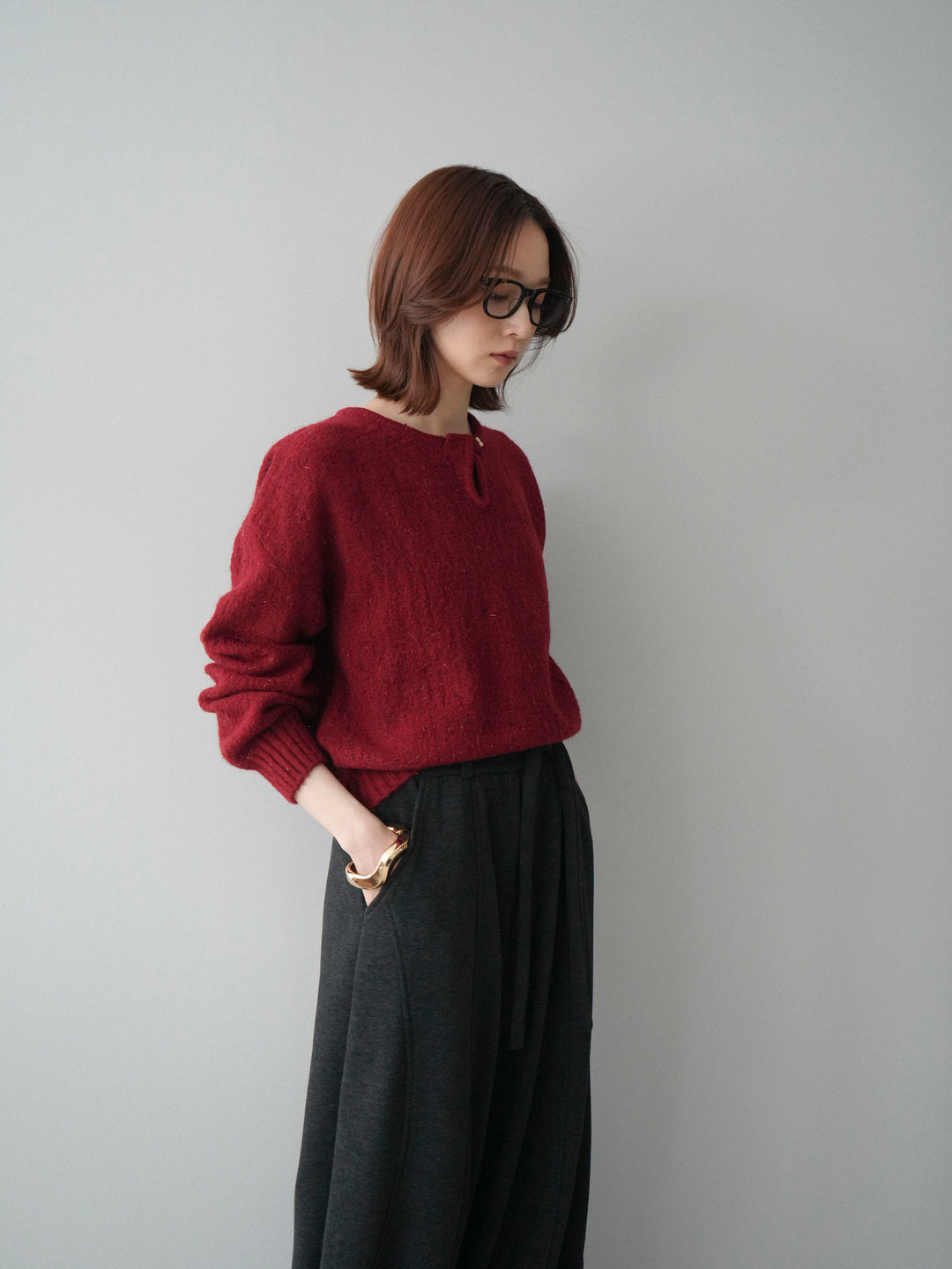 [予約]ツイストネックラメネップヤーンニットプルオーバー/red