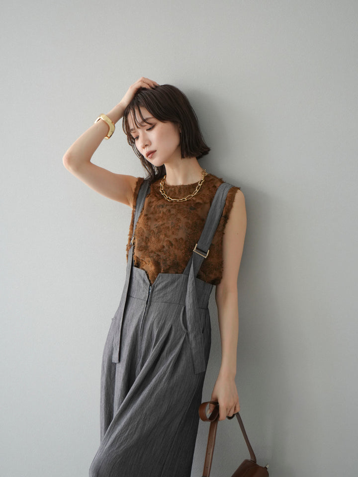 [SET]ストリングデザインハイウエストサロペット+ニュアンスフリンジジャガードノースリーブブラウス(2set)