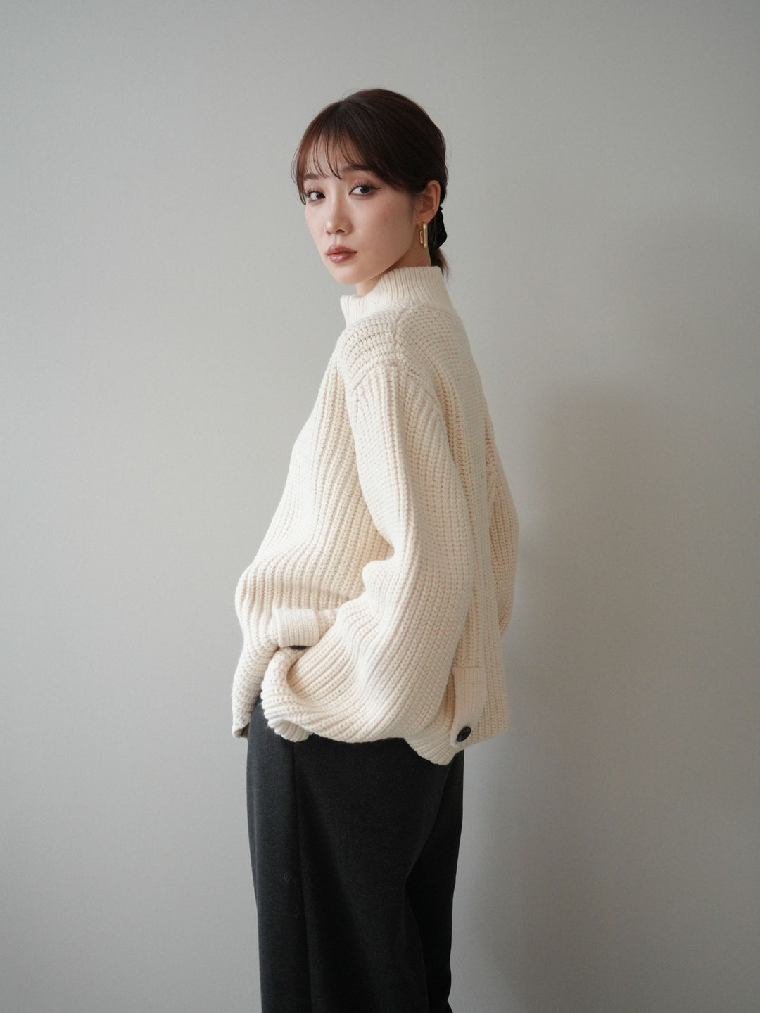 [SET]畦編みボトルネックZIPニットカーディガン+畦編みボトルネックZIPニットカーディガン(2set)