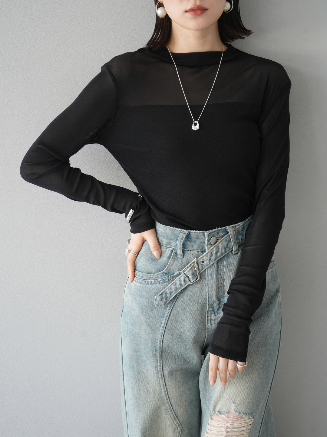 [SET]シアー切替ストレッチ長袖トップス+シアー切替ストレッチトップス(2set)