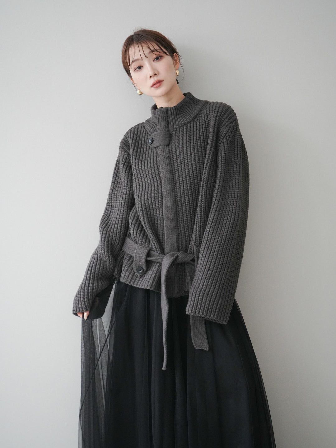 [SET]畦編みボトルネックZIPニットカーディガン+畦編みボトルネックZIPニットカーディガン(2set)