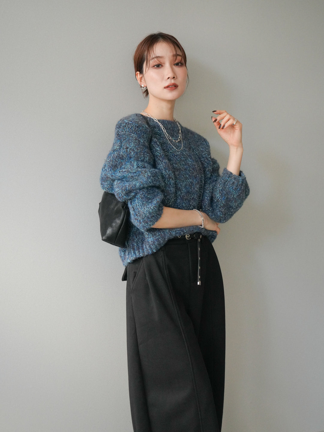 [予約]ワイドケーブルミックスニットプルオーバー/blue