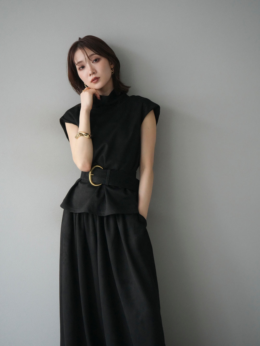 [SET]ベルト付スエードハイネックプルオーバー＆ワイドパンツSET UP