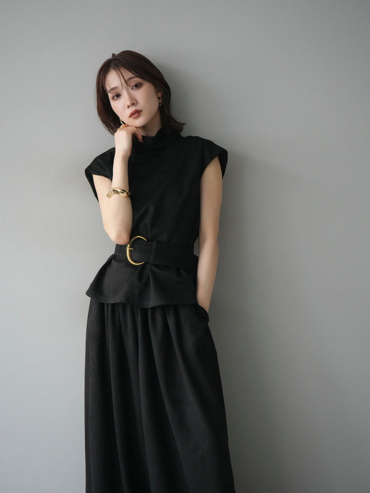 [SET]ベルト付スエードハイネックプルオーバー＆ワイドパンツSET UP