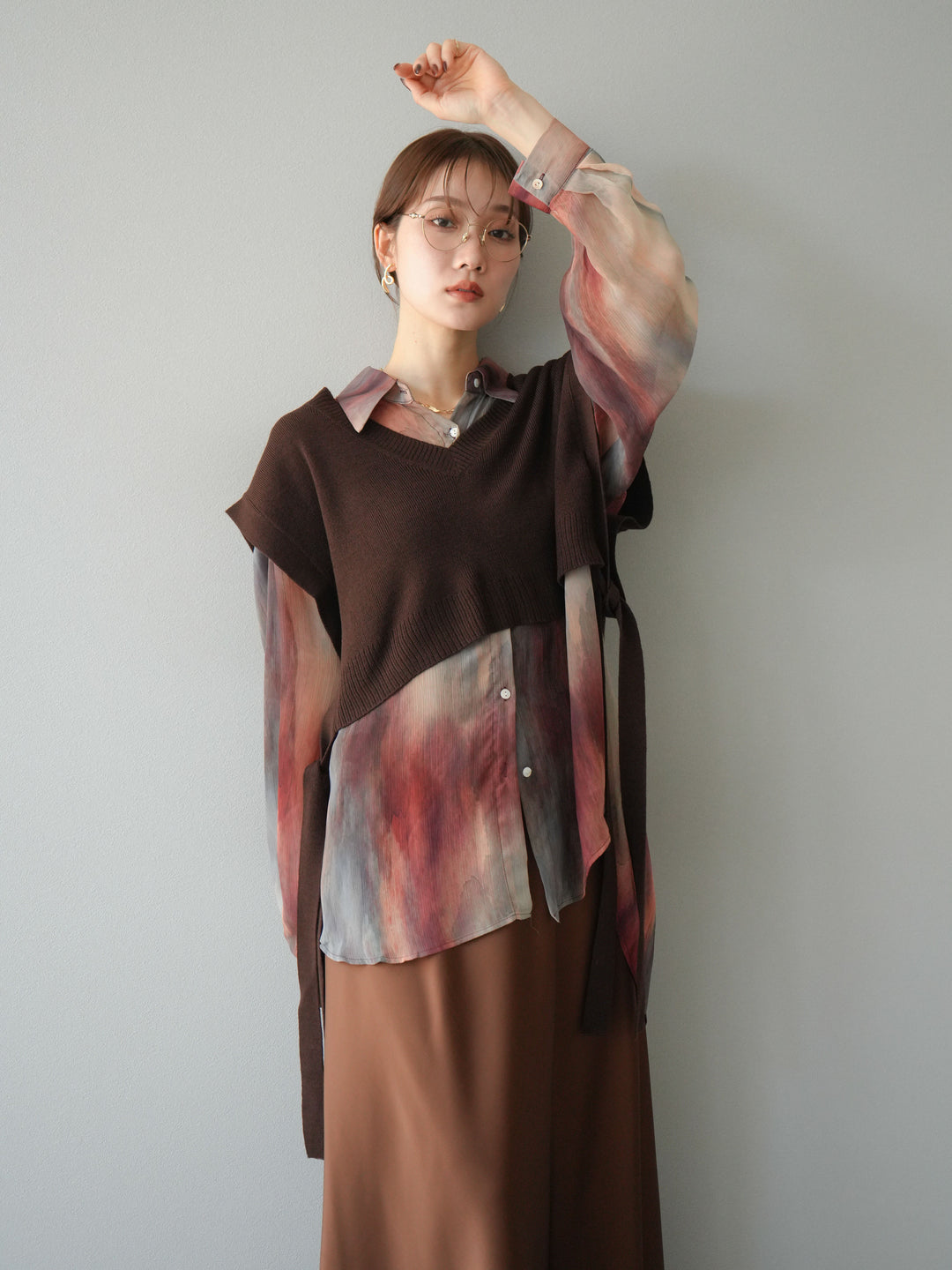 [予約]サイドリボンVネックショートニットベスト/ブラウン