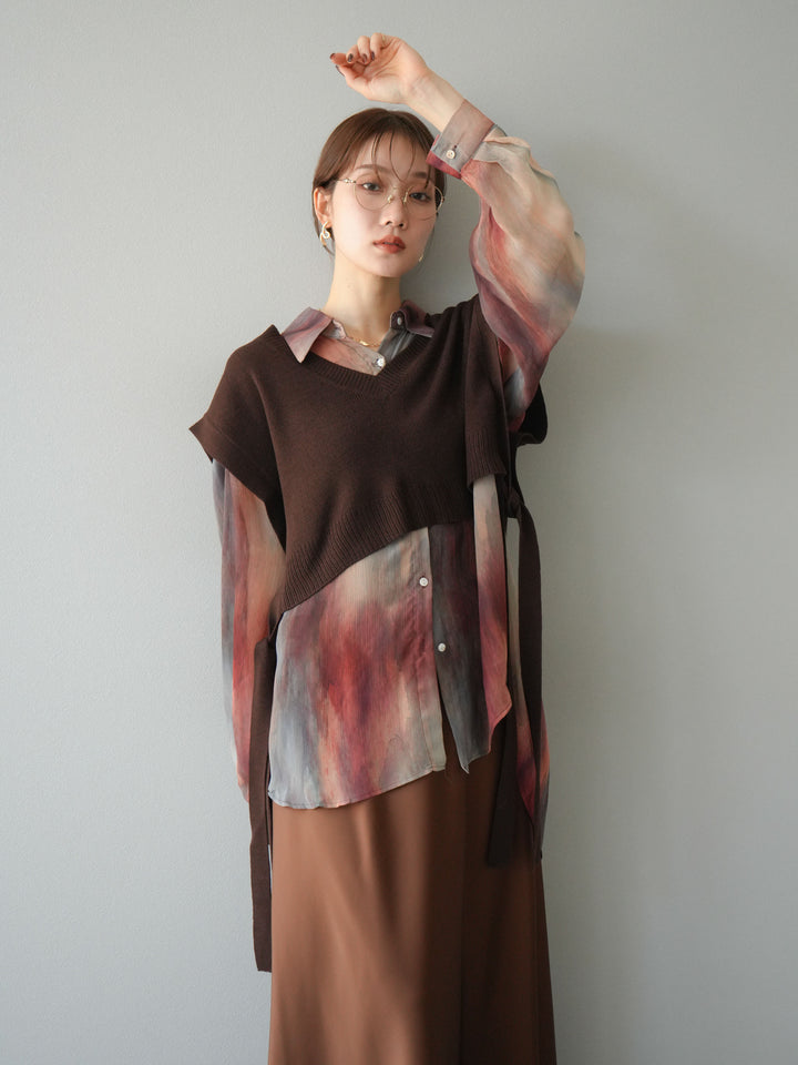 [予約]サイドリボンVネックショートニットベスト/ブラウン