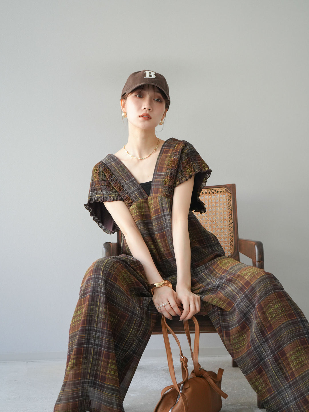 [予約]シアーチェックシャーリングサロペット/ブラウン