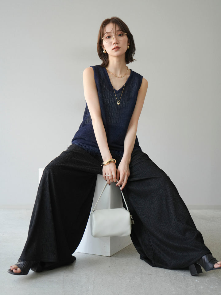 [予約]裾フリンジVネックニットタンクトップアンサンブル/ネイビー