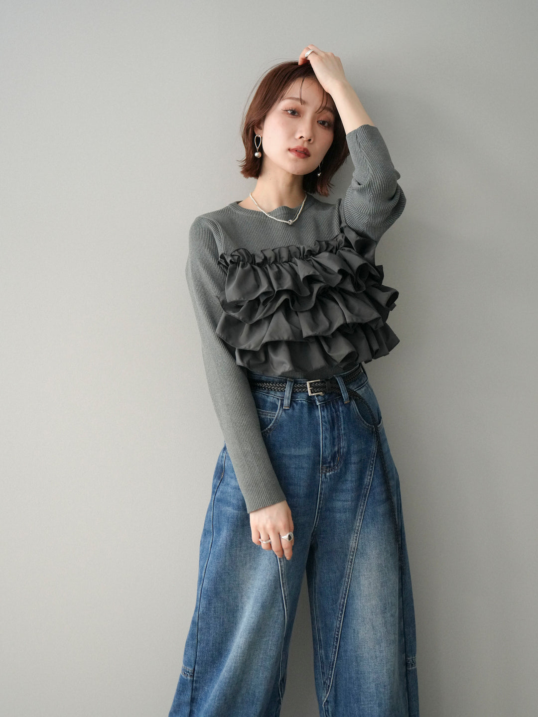 [予約]フリルビスチェドッキングスポンジニットプルオーバー/gray