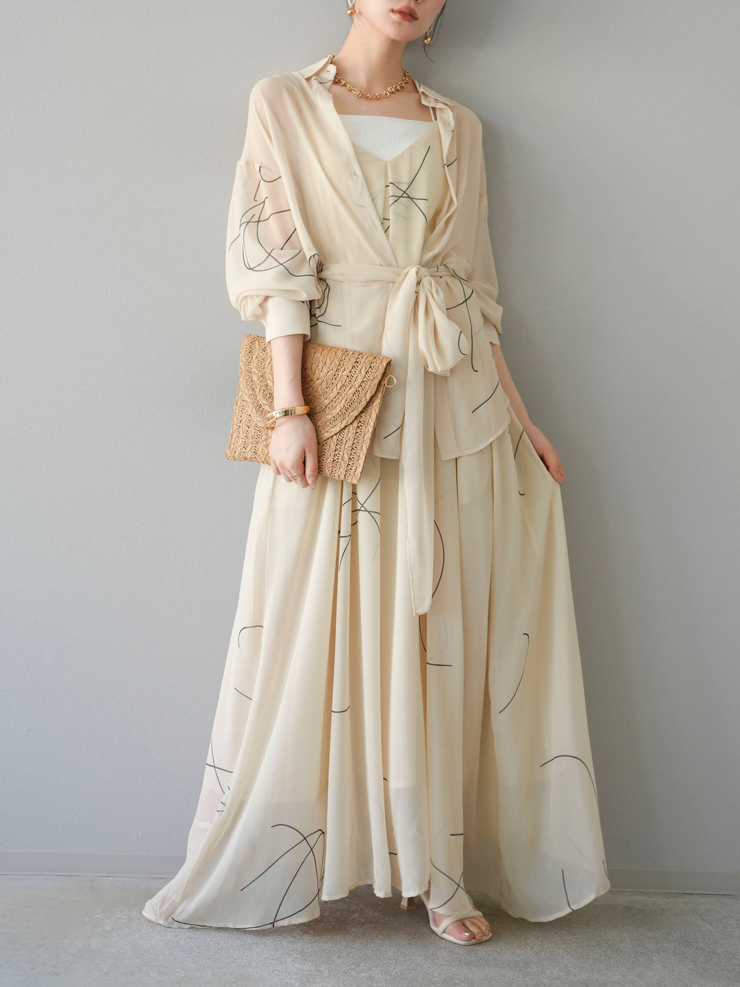 [SET]ペンタッチシフォンキャミワンピース+ペンタッチシフォンシャツ(2set)