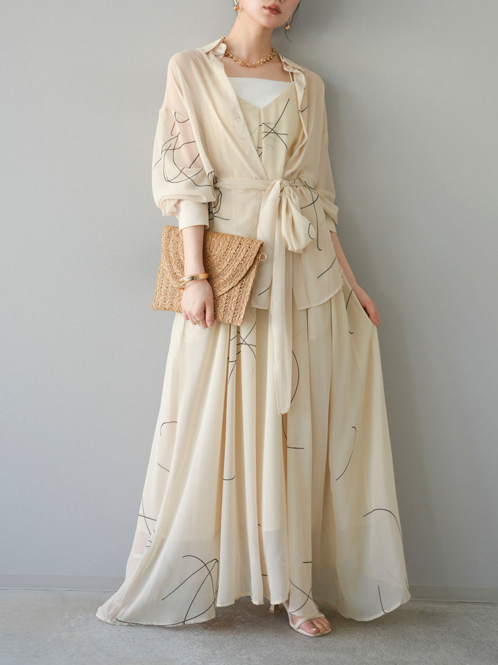 [SET]ペンタッチシフォンキャミワンピース+ペンタッチシフォンシャツ(2set)